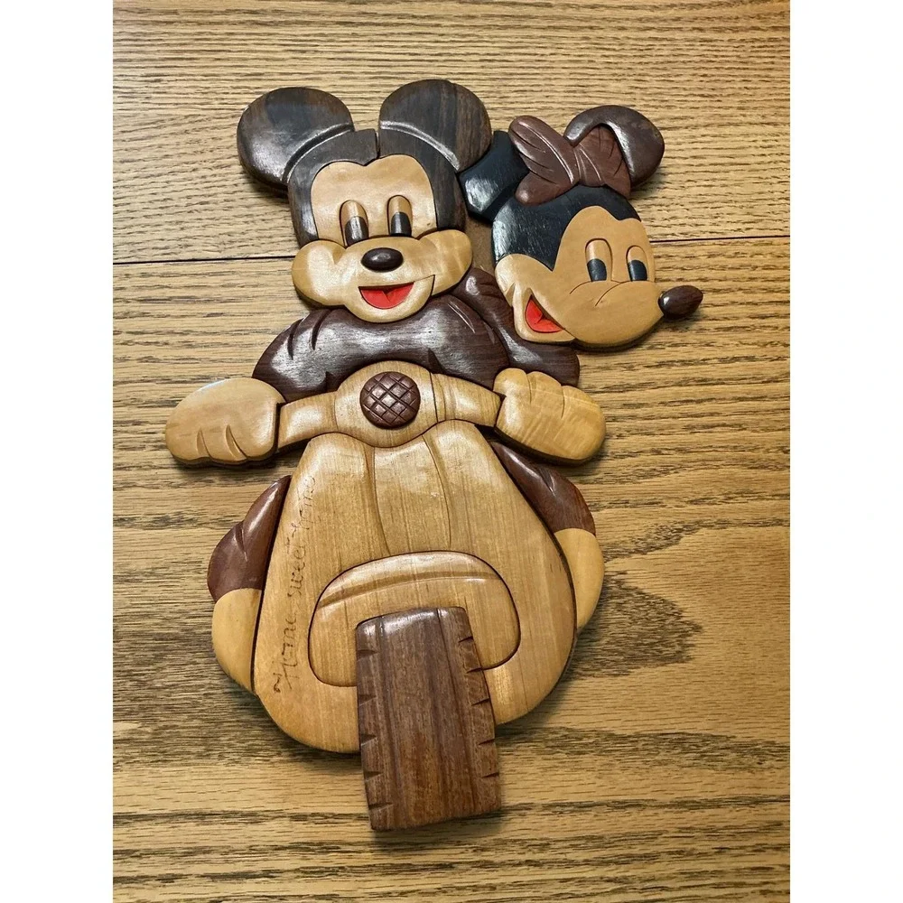 Disney Mickey Minnie Mouse Scooter Intarsia Wood Wall Art Handcrafted 15.5x11